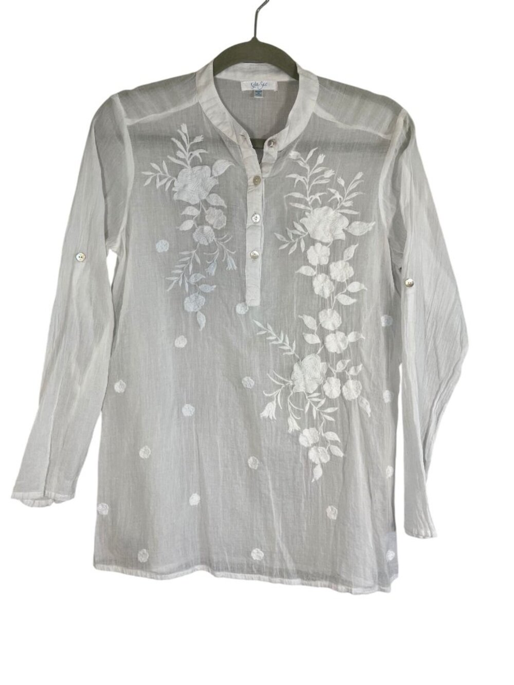 Neutral Sheer Floral Crinkle Shirt M Boho Indie Coastal Summer Preppy Resort